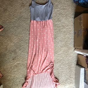 Gray and Pink Polkadot High-Low Maxi Dress